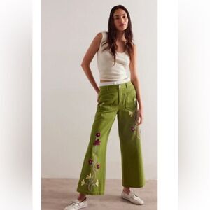 Free People We The Free pants jeans winter bloom embroidered green wide leg 27